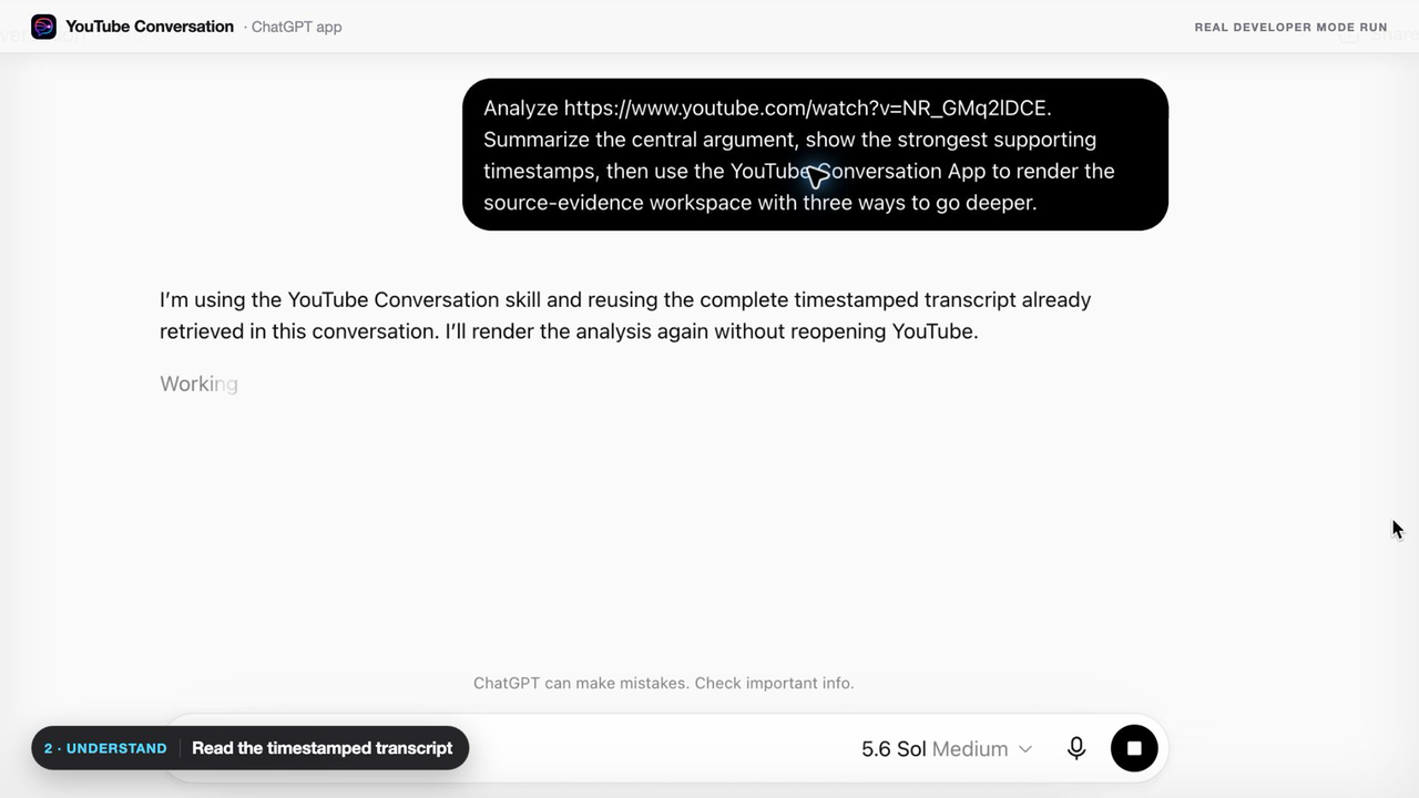 YouTube Conversation analyzing a public YouTube video inside ChatGPT with a prompt requesting the central argument, timestamps, and a source-evidence workspace